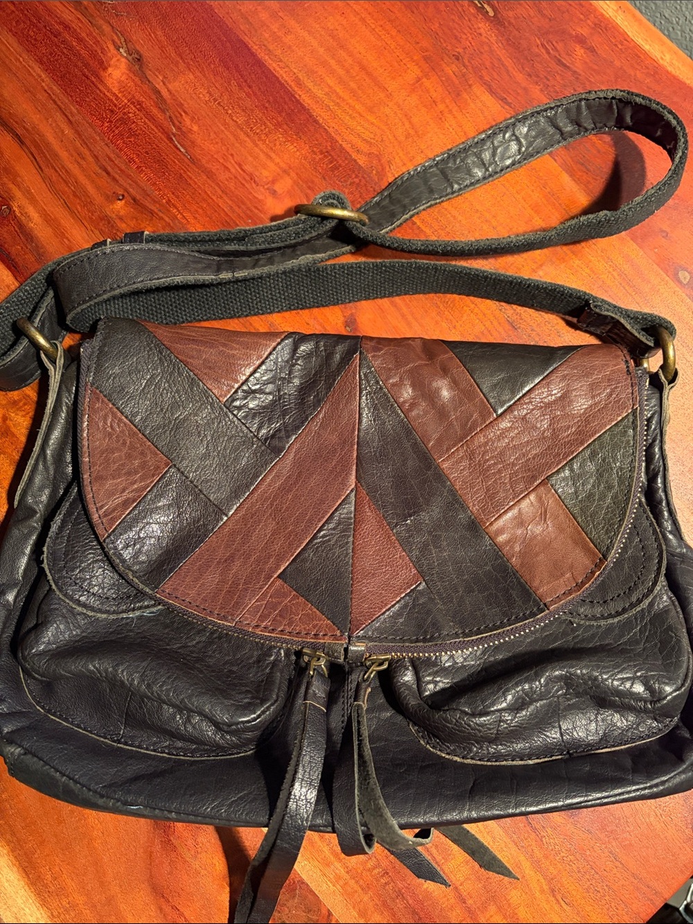 Lucky Brand Black and Brown Patchwork Leather Crossbody Bag